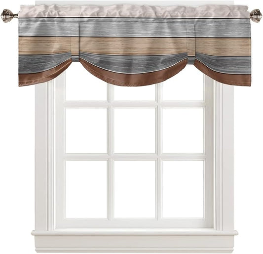 Farmhouse Fall Blackout Tie Up Valance Curtains for Kitchen Windows, Brown Grey Window Toppers Balloon Shades for Living Room/Bathroom/Bedroom,1 Panel,42" X 12" Retro Rustic Barn Wood Texture