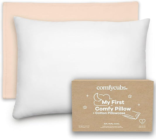 Comfy Cubs Toddler Pillow with Soft Cotton Pillowcase, 13"x18", Cream - Kids Pillow for Sleeping & Travel - Adorable & Comfortable Small Pillow - Kids Travel Pillow with Breathable Microfiber Fill
