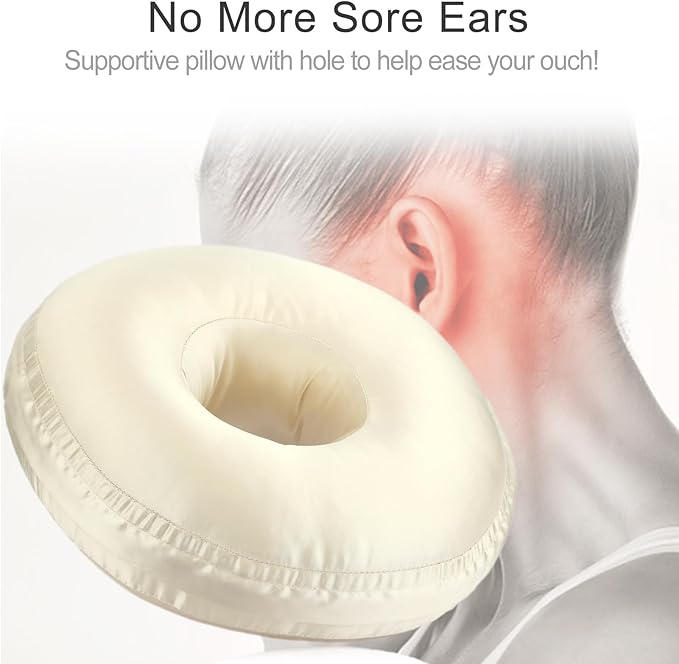 Silky Ear Piercing Pillows with Holes Removable Pillowcase Washable Donut Pillow for Ear Pain Side Sleeping Cartilage CNH Pressure Sore Tinnitus Headphones Relief Guard Protector Champagne