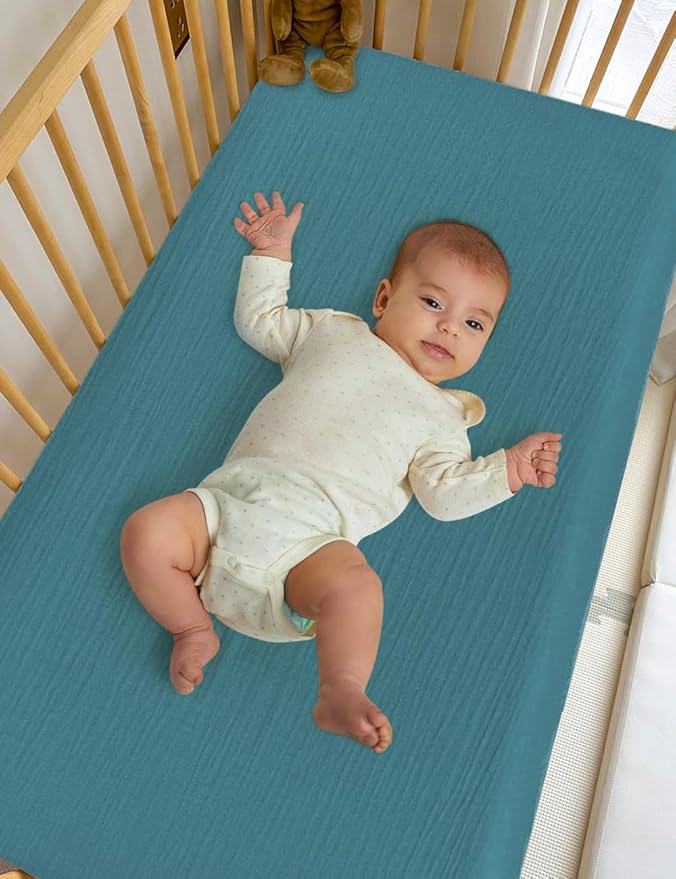 Blue Cotton Pack and Play Sheets Fitted Boy, Muslin Small Pack n Play Mattress Pad Cover, 39"x27" Soft and Breathable Baby Sheets for Pack and Play (46P-06)