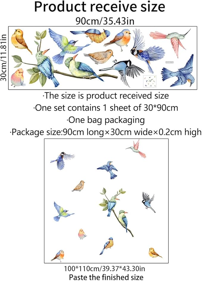 Colorful Birds Wall Decals Standing on Tree Branch Wall Stickers Animal Birds Self-Adhesive Sticker Vinyl Wall Decor DIY Wall Art for Kid's Room Nursery Decoration
