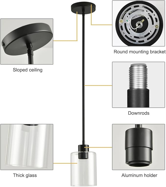 Black Pendant Lights Kitchen Island,Modern Farmhouse Glass Pendant Light,Light Fixture Kitchen Pendant Mini Hanging Light Fixture for Sink (Black 2 Pack Stem Rod)