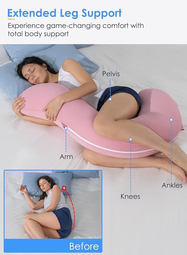 QUEEN ROSE Cooling Body Pillow, Full Body Support Pillow for Side Sleepers, Soft S Shaped Hug Pillow for Adults, with Removable Pillowcase, Pink