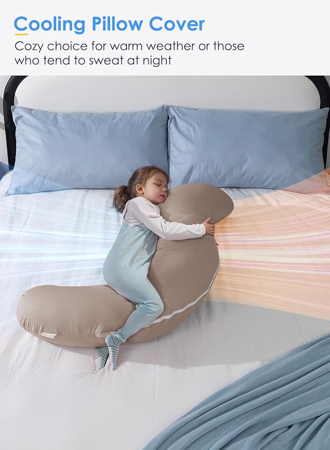 QUEEN ROSE Cooling Body Pillow, Full Body Support Pillow for Side Sleepers, Soft S Shaped Hug Pillow for Adults, with Removable Pillowcase, Beige