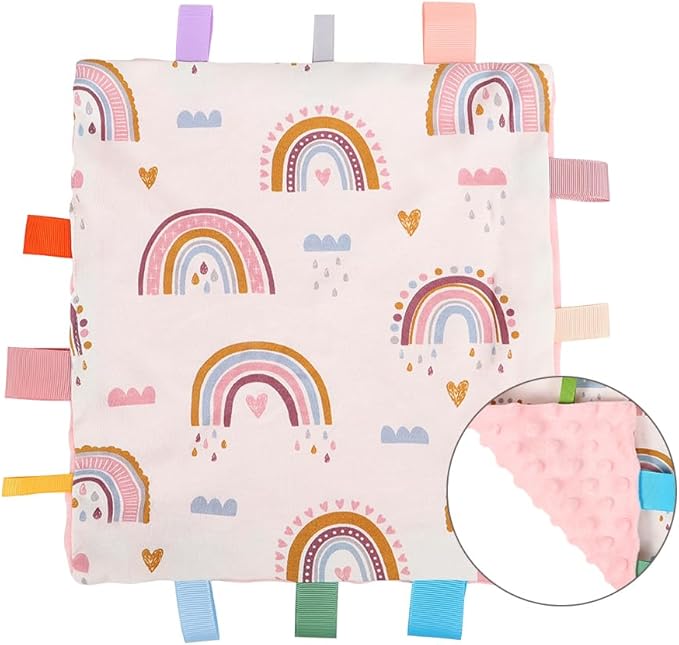 Baby Tags Security Blanket, Sensory Soothing Blanket with Tags,Dotted Backing Taggies Blanket for 3-12 Months Boys and Girls. (Rainbow)