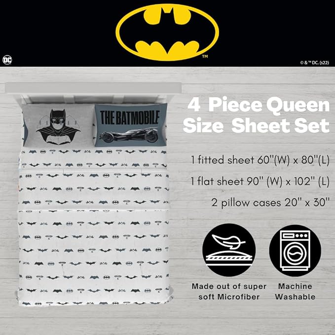 Franco Collectibles Batman Bedding Super Soft Microfiber Queen Sheet Set, College Dorm Essentials, (Officially Licensed Product)