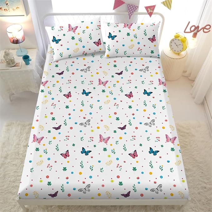 Girls Butterfly Fitted Sheet Set for Kids Teens Colorful Flowers Bed Sheet Queen Size 3D Print Dreaming Style Sheet Set 3 Piece