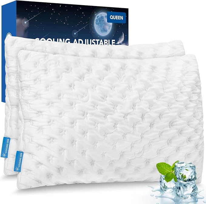 Cooling Side Sleeper Pillow for Neck and Shoulder Pain, Luxury Shredded Memory Foam Curved Bed Pillows for Sleeping Set of 2- Adjustable Queen Size- Washable Cover Original White