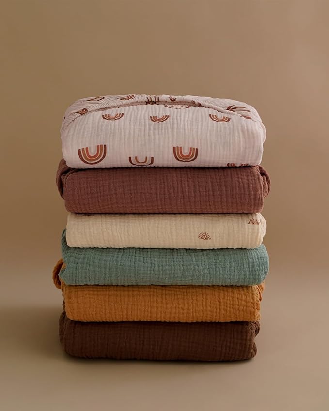 Blissful Diary Muslin Mini Crib Sheets, Pack and Play Mattress Sheets Fitted for Pack N Play, Soft Cotton for Boys Girls, 2 Pack(Rainbow&Cedar)