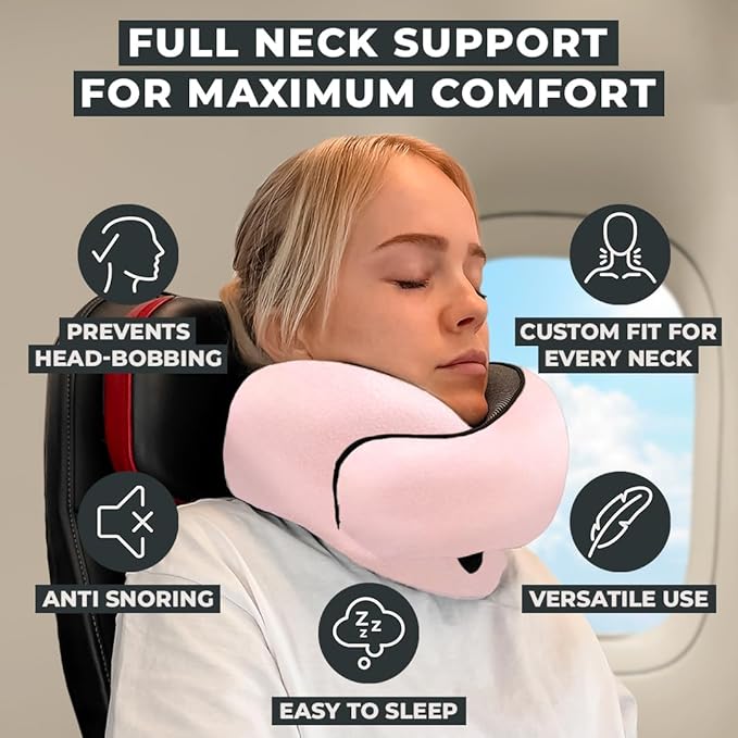 FlyHugz™ Neck Travel Pillow | Memory Foam Neck Pillow for Comfort on Airplane | Compact and Ergonomic Design for Travel, Car Rides, and Home Use | Ideal for Adults and Kids (Pink)