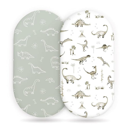 Stretch Ultra Soft Fitted Bassinet Sheet Set 2 Pack, Universal Fit for Bassinets Baby Cradle Moses Basket Oval Rectangle Mattress Safe and Snug, Dinosaur
