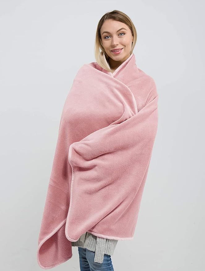 BlueHills Premium Soft Long Travel Blanket Pillow for Tall Airplane Flight Blanket 70 X48 inch Throw in Soft Bag case with Hand Luggage Belt & Backpack Clip Compact Pack Large Blanket Pink T055