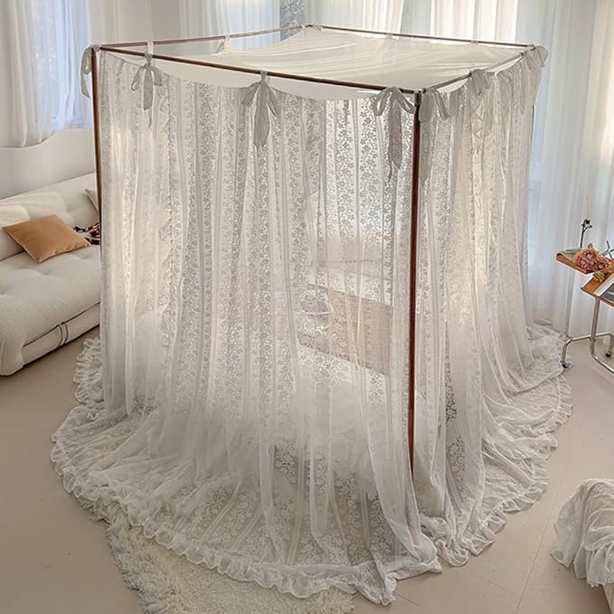 Elegant Princess 4 Corner Post Mosquito Net Romantic for Girls Women Bed Curtain Canopy for Adult Wedding Bedroom Kids Rooms Decoration (Type2-White-Flower, Queen)