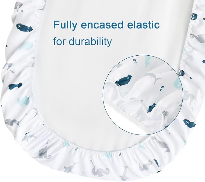 Bassinet Fitted Sheets 4 Pack Compatible with Halo Bassinest Swivel, Flex, Glide, Premiere and Luxe Series Sleeper, Ultra Soft and Skin-Friendly, Aqua Dinosaurs & White Ocean