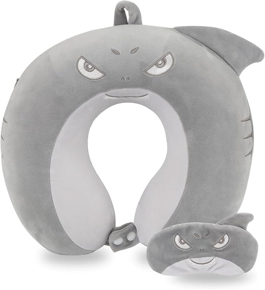Travel Pillow, Kids Travel Pillow with Sleep Eye Mask Soft Memory Foam Kids Neck Pillow for Boys & Girls, Travel Accessories for Car Airplane Traveling - Shark