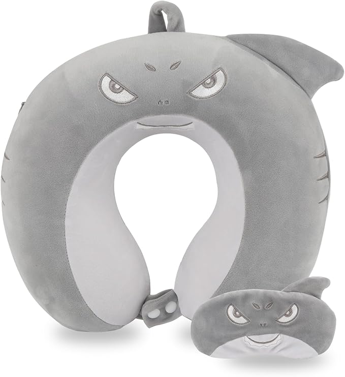 Travel Pillow, Kids Travel Pillow with Sleep Eye Mask Soft Memory Foam Kids Neck Pillow for Boys & Girls, Travel Accessories for Car Airplane Traveling - Shark