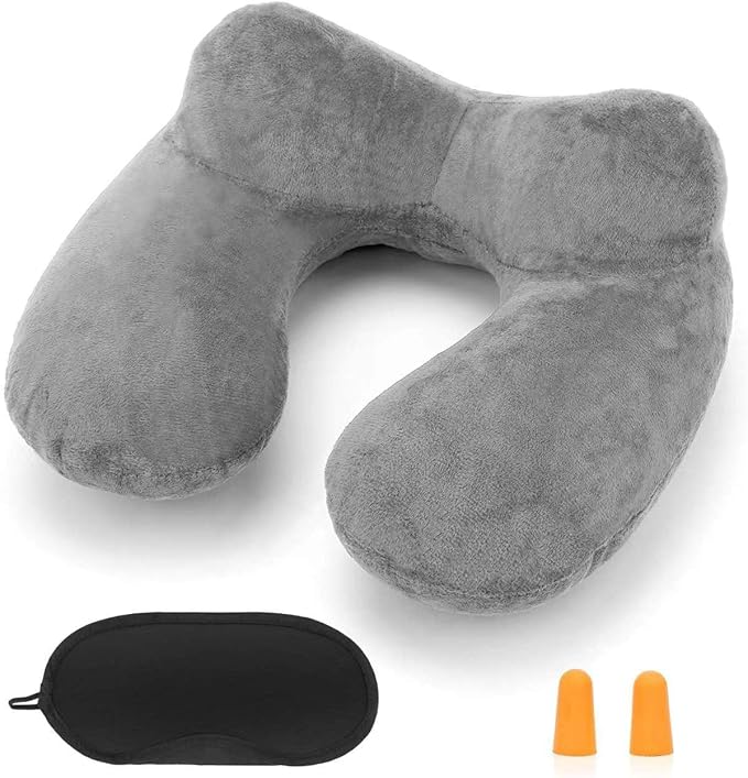 Inflatable Travel Pillow for Airplane Inflatable Neck Pillow for Traveling with Soft Velvet Washable Cover for Sleeping, Airplane,Train, Car, Office, Contoured Eye Masks, Earplugs