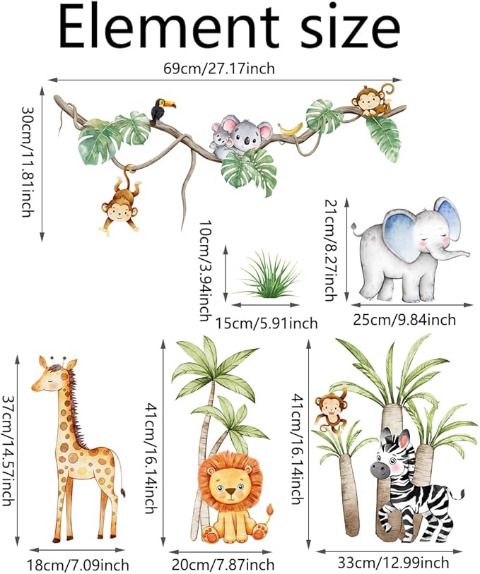Jungle Animals Wall Decals Elephant Lion Monkey, Removable Kids Toddler Safari Wall Stickers Peel and Stick Wall Art Decor Wallpaper for Classroom Bedroom Nursery Playroom