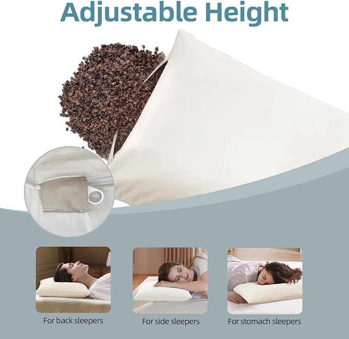 USlixury Buckwheat Pillow with Extra Buckwheat Fill - Adjustable Buckwheat Hull Pillow, Buckwheat Pillows for Sleeping with Firm Support, Buckwheat Neck Pillow for Side Back Sleeper,15x19, White