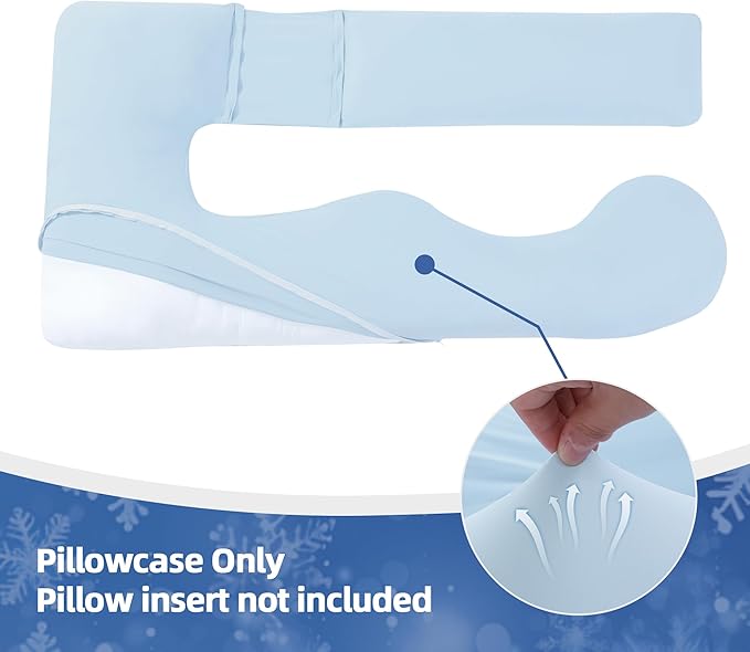Cooling Pregnancy Pillow Cover (ONLY Pillowcase), Q-Max 0.4 U Shaped Luxurious Smooth Maternity Pillow Cover with Hidden Zip, Cool Large Pillow Protector for Side Hot Sleeper, Blue, 59x31 in