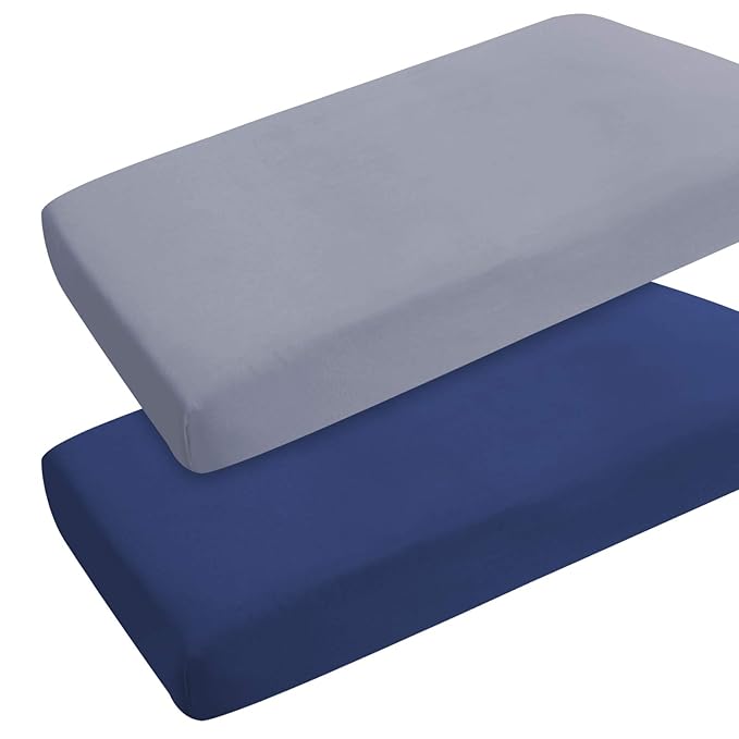 Pack and Play Sheets Fitted 2 Pack Mini Crib Sheets for Baby Boys Girls, Portable Playard Sheet, Ultra Soft Microfiber Playpen Sheets Compatible with Graco Pack N Play, Grey and Navy
