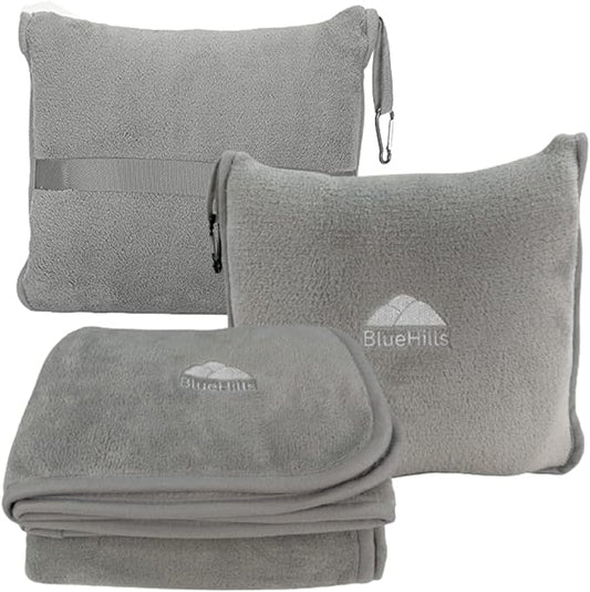 BlueHills Premium Soft Travel Blanket Pillow Airplane Flight Blanket Throw in Soft Bag Pillow case with Luggage Belt & Backpack Clip Compact Pack Large Blanket - Light Gray T024
