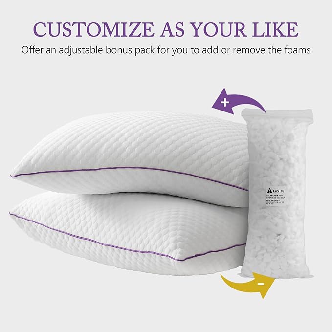 BPC Adjustable Shredded Memory Foam Pillow King Size - Cooling Medium Firm Pillow with Removable Cover Bed Pillows for Sleeping Side Stomach and Back Sleepers, CertiPUR-US