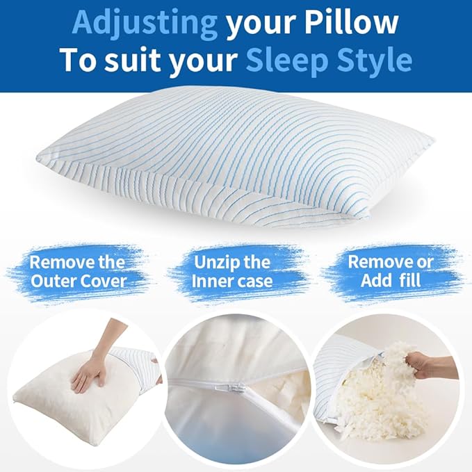 Shredded Memory Foam Pillows King Size Set of 2, Cooling Pillows for Sleeping That Stay Cold, Adjustable Firm Pillow for Side Back Stomach Sleepers with Washable Removable Cover