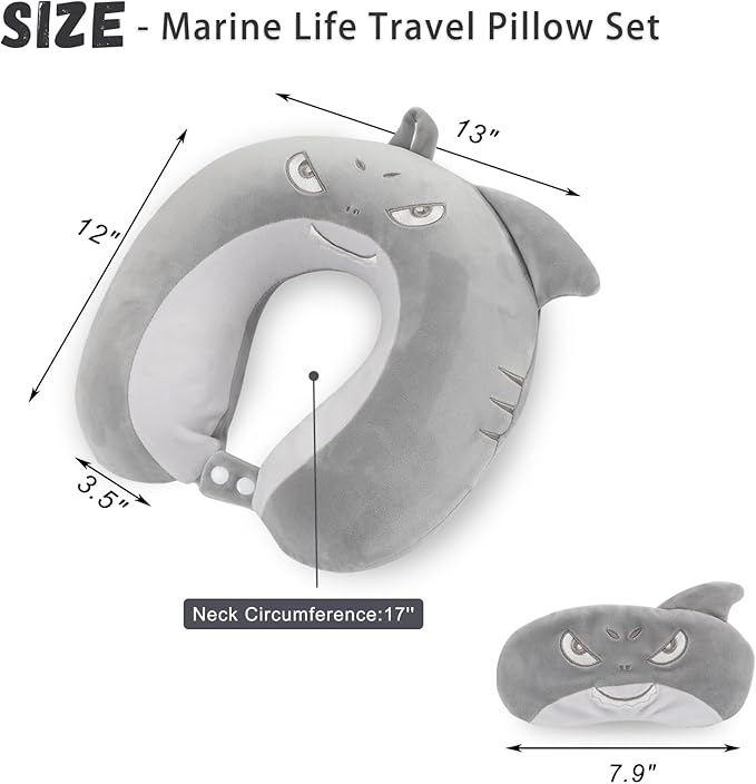 Travel Pillow, Kids Travel Pillow with Sleep Eye Mask Soft Memory Foam Kids Neck Pillow for Boys & Girls, Travel Accessories for Car Airplane Traveling - Shark