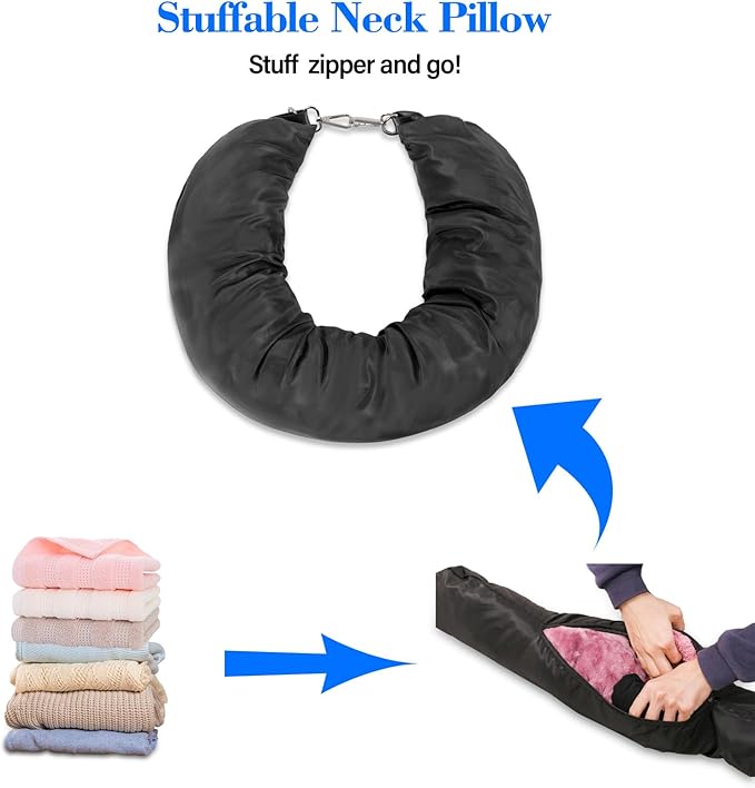 Travel Pillow You Stuff with Clothes, Stuffable Travel Pillow Transforms Into Extra Luggage Without Excess Fees, Stuffable Neck Pillow No Filler Fits 3+ Days of Travel Essentials Black