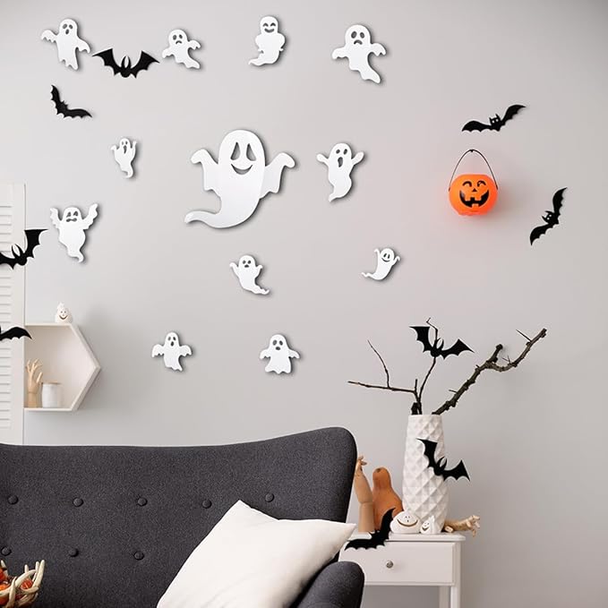 Ghost Wall Decor Stickers Halloween Wall Stickers Black Bat Spider White Ghost Wall Decoration Reusable Cute Ghost Wall Decals Holiday Wall Stickers for Room Home DIY Decor Charms 34Pcs