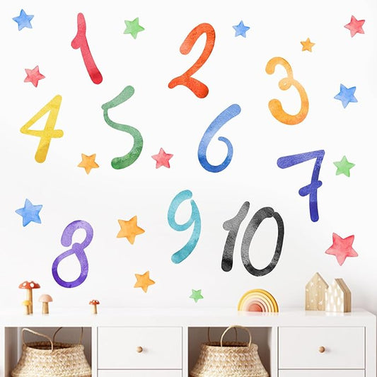 Mfault Watercolor Arabic Numbers 1-10 Learning Wall Decals Stickers, Educational Counting Stars Nursery Classroom Decorations Bedroom Playroom Art, Neutral Toddlers Kids Children Room Daycare Decor