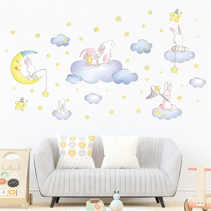 Cartoon Cute Rabbit Wall Decal The Moon and Stars Cloud Bunny Wall Stickers Nursery for Bedroom Girls Decor