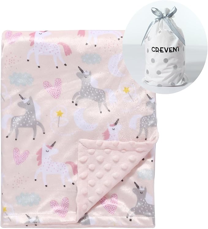 CREVENT Minky Baby Blanket for Girls - Soft Plush Receiving Blanket for Newborns - 30x40 Inches (Unicorn)