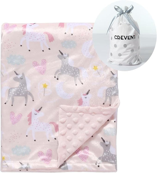 CREVENT Minky Baby Blanket for Girls - Soft Plush Receiving Blanket for Newborns - 30x40 Inches (Unicorn)