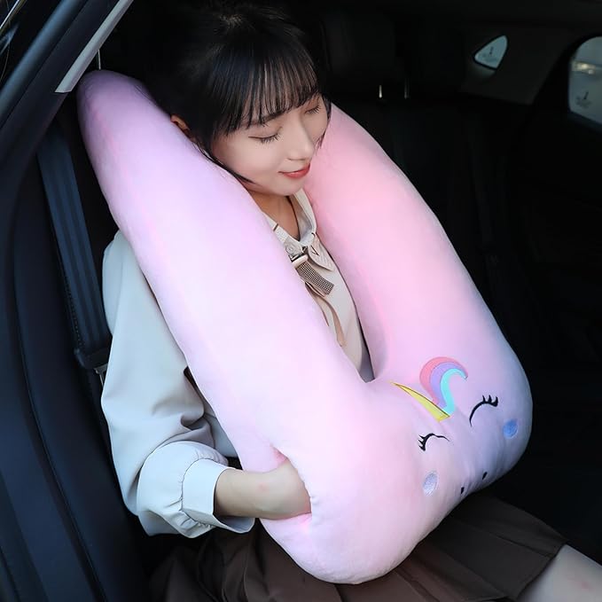 Kids Travel Pillow for Car Seat with Hand Muff, Soft Neck & Headrest Pillow for Car Road Trips Long-Distance Travel Sleeping Pillow for Adults and Children, Pink Unicorn