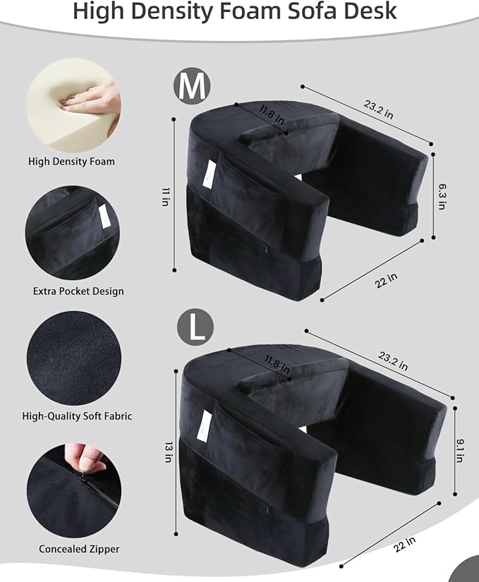 Weighted Idea Reading Pillow for Gaming, Extra Large Arm Rest Pillow for Adult，Lap Desk Pillow Gaming Pillow with 2 Side Pockets for Gaming, Reading, Working Sitting in Bed Floor Sofa (Black)