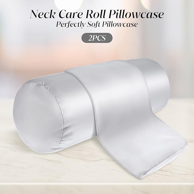 Prasacco 2 Packs Round Neck Pillow Covers, 16 x 5.9 Inch Neck Roll Pillow Case Bolster Pillow Cover with Hidden Zipper Silk Cylinder Pillow Covers Soft Bolster Pillowcases for Neck Roll Pillow