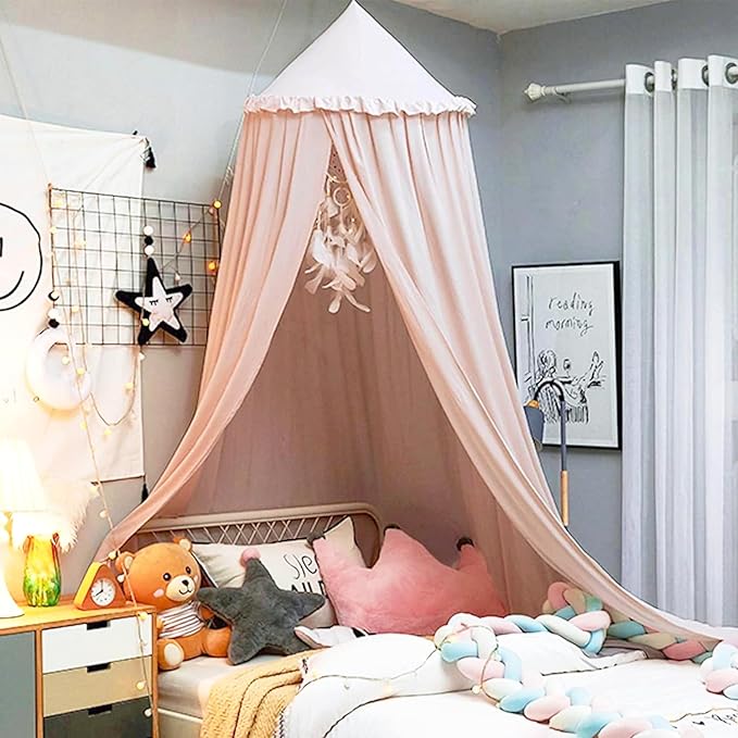 Upgrade Version of Canopy for Kids Bed, Extra Large Canopy for Girls Room Decoration Princess Castle Play Tent Hanging House, Dreamy Canopy for Children Room Reading Nook Canopies (Pale Pink Ruffle)