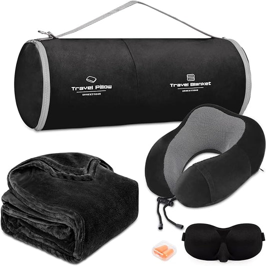 Travel Pillow and Blanket Set Neck Pillows Travel Essentials with Sleep Mask for Airplane Car Memory Foam Black