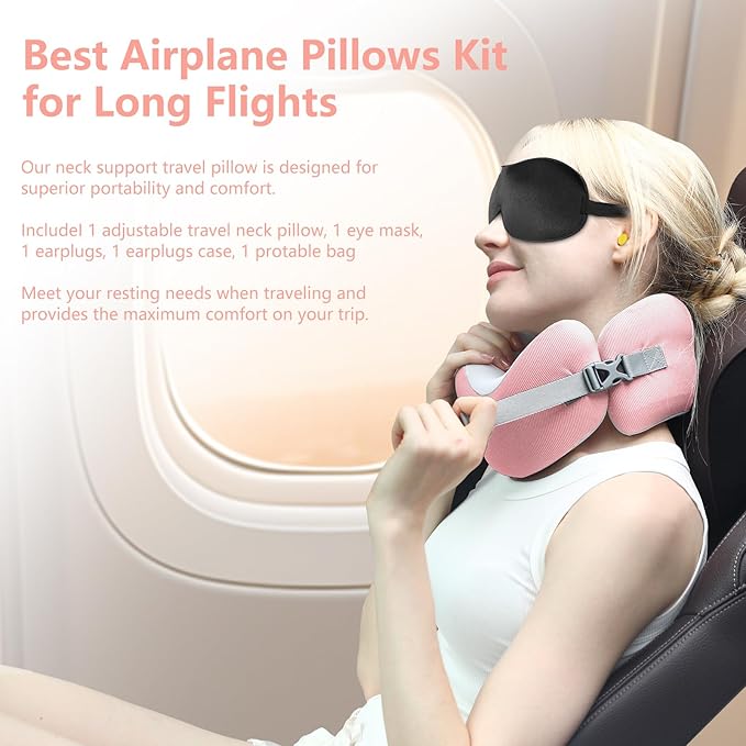 Neck Pillow, Travel Pillows for Airplanes, 100% Memory Foam Airplane Pillow, Portable Adjustable Neck Pillow for Flight, Comfortable & Breathable Cover, Machine Washable, Travel Essentials Kit