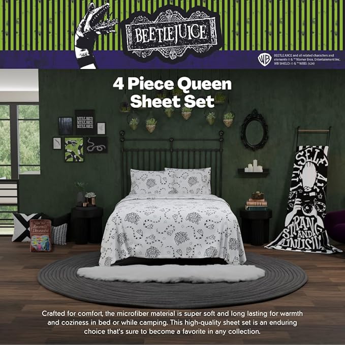 Franco Collectibles Beetlejuice Bedding Super Soft Microfiber Queen Sheet Set, College Dorm Essentials, (Officially Licensed Product)