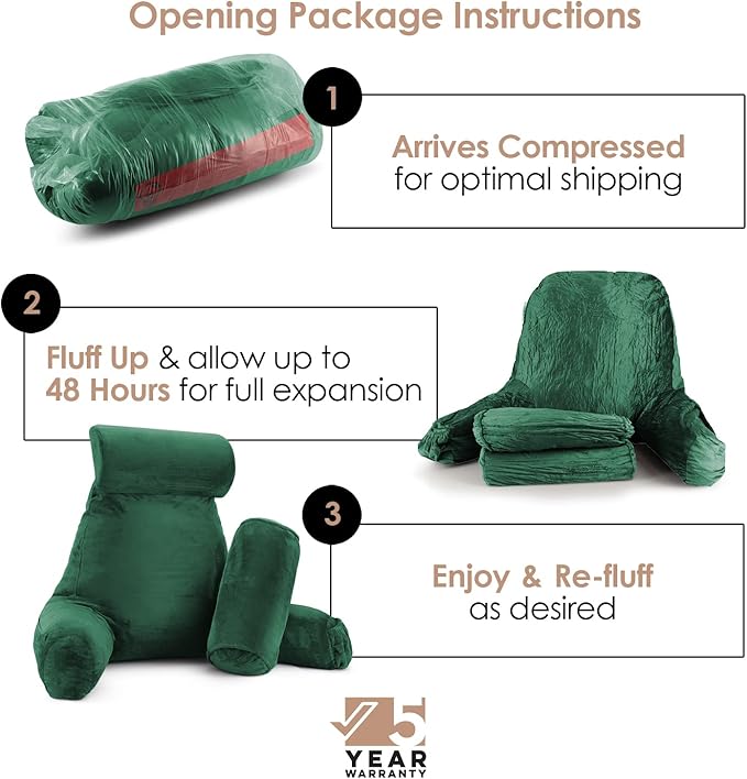 Nestl Reading Pillow Large Bed Pillow, Back Pillow for Sitting in Bed Shredded Memory Foam Chair Pillow, Reading & Bed Rest Pillows Dark Green Back Pillow for Bed, Bed Chair Arm Pillow with Pockets