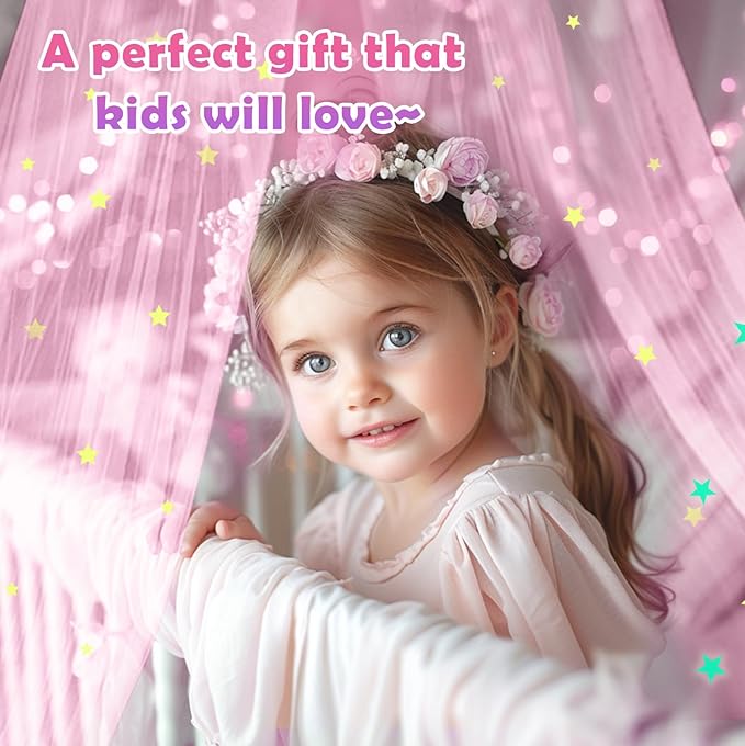 Daksha Pink Princess Bed Canopy for Girls with Glowing Stars, Ceiling Tent for Kids, Fits Twin, Full, and Queen Size Beds, Suitable for Indoor Room Decor and Outdoor Use