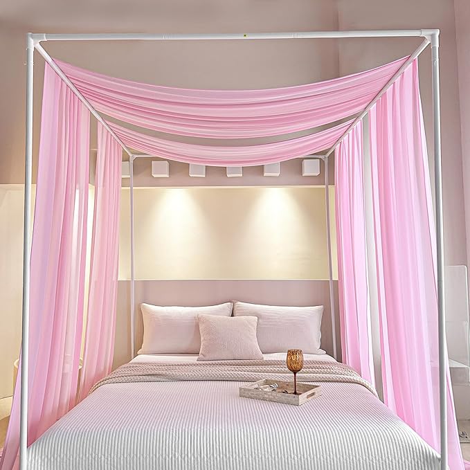 AIKASY Pink Bed Canopy Scarf for Twin - Luxury Sheer Canopy Bed Curtains with Light - Suitable for Four-Poster Bed, Metal Bed Frame, Wood Bed Frame -2pic
