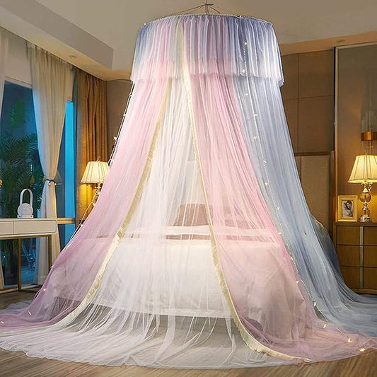 Canopy Frame for Bed with Mesh Netting - Queen Size Bed Canopy Steel Frame with Bed Curtains,Classic Flat Top Mesh Net Bedroom Decor(Stainless Steel Pipes and Accessories Included) (Pink Blue)