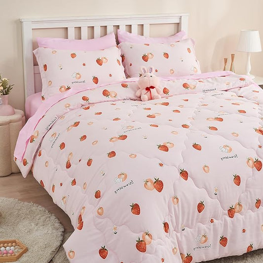 Wajade Girls Strawberry Comforter Set Bed in A Bag Twin Size 7 Piece Pink 3D Cute Strawberry Fruit Bedding Set for Kids (1 Comforter, 1 Flat Sheet, 1 Fitted Sheet, 2 Pillowcase and 2 Pillow Sham)