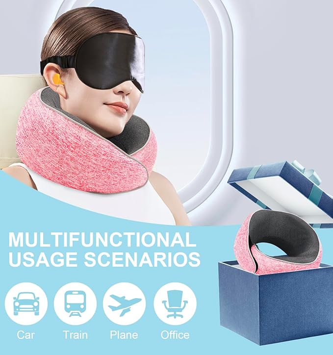 Travel Neck Pillow, Memory Foam Airplane Neck Pillow with 360 Degree Comfort and Breathability, Travel Essentials for Airplanes, Home and Car (Pink)
