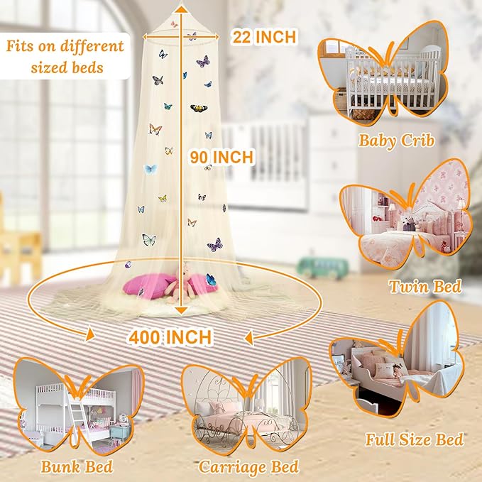 South to East Bed Canopy for Girls with Glowing Butterfly in The Dark, Beige Princess Bed Curtains for Girls Bed, Kids Bed & Toddler Bed, Twin, Full & Queen Bed, Mosquito Net Canopy for Girls Bedroom