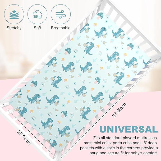 Pack n Play Fitted Sheet. 2 Piece Mini Crib Sheet. Elastic Playard Sheet. Portable Sheet Set. Elastic Convertible Playard Set. Compatible with Graco Pack n Play (More Dinosaurs)